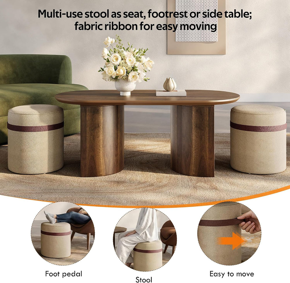 Merax 3-Piece Oval Coffee Table Set with 2 Nesting Ottoman Stools, Brown