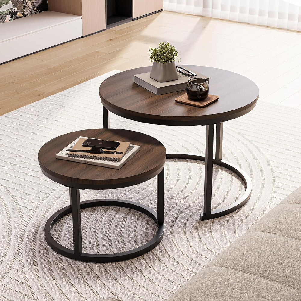 HOJINLINERO Round Nesting Coffee Table Set of 2,Walnut Coffee Table,Large
