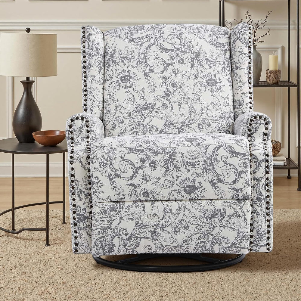 Swivel Rocker Recliner Chair, Rococo Wingback Armchair, Light Gray