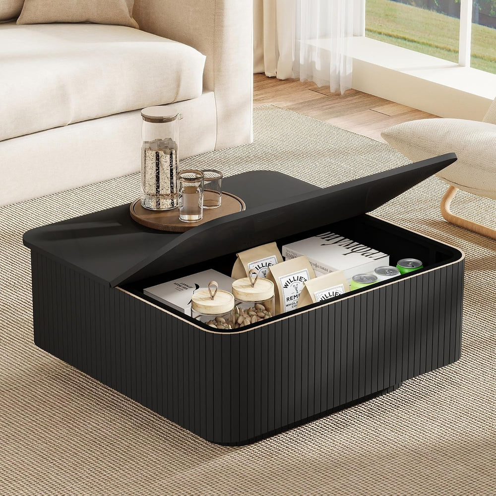 31.5" Square Coffee Table with Storage, Fluted & Floating Base (Black)