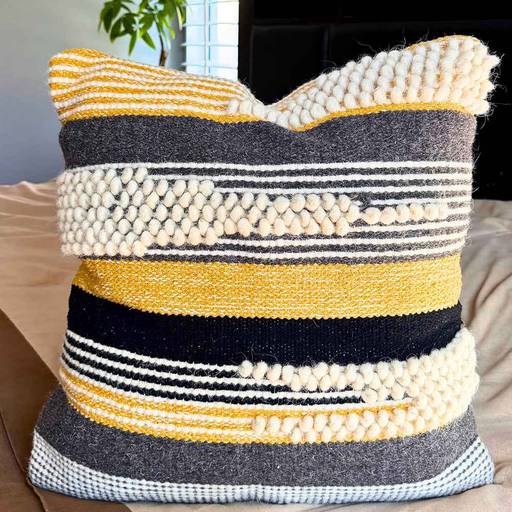 Boho Pillow Cover 18x18 Textured Throw Pillow Cover Black/Yellow Handwoven Tu...