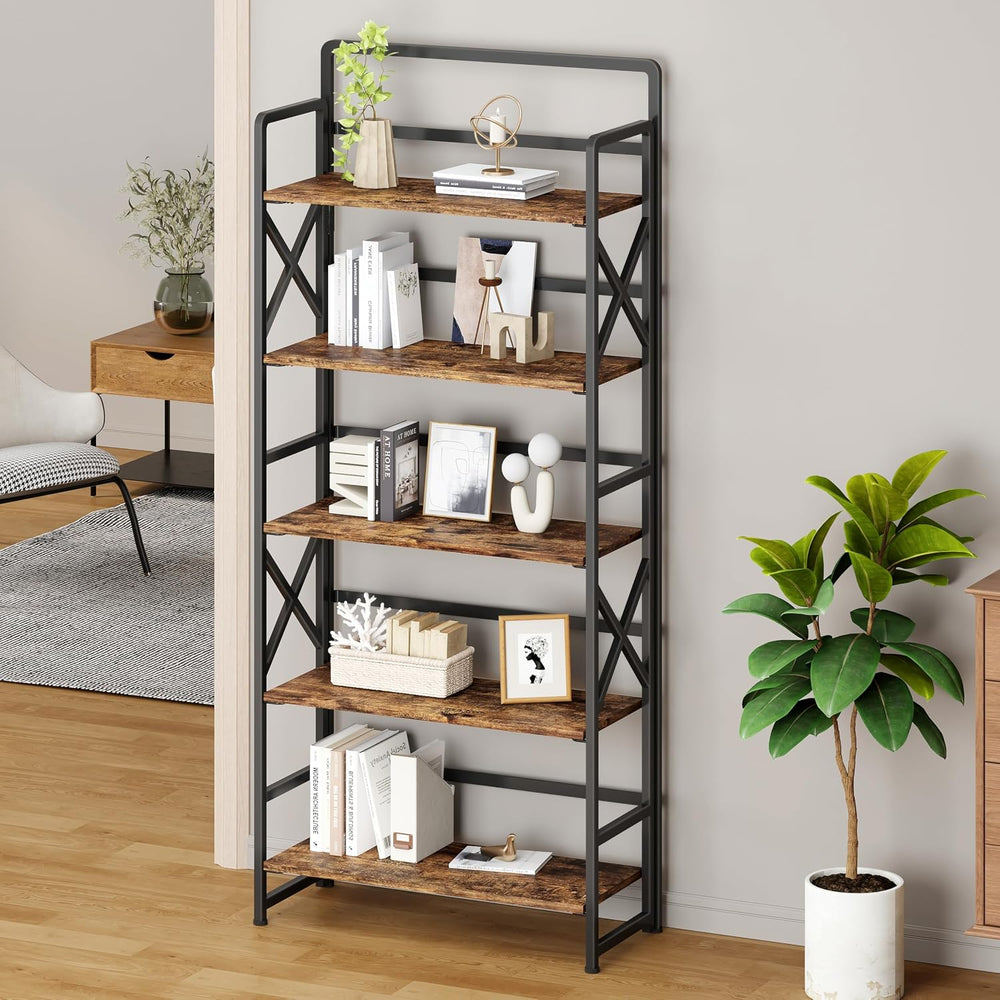 Folding Bookshelf 5 Tiers,No Assembly,55.3''H Metal Storage,Rustic Brown