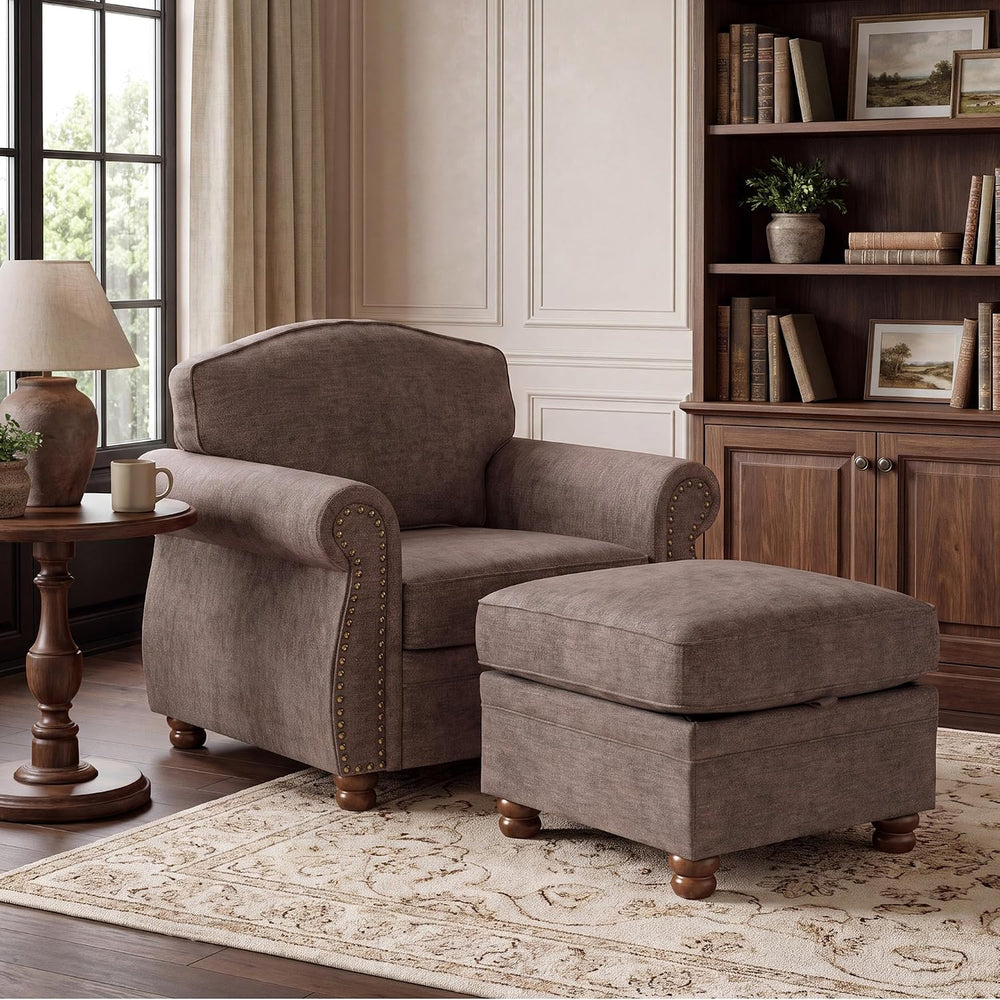 Traditional Accent Chair with Storage Ottoman, 41.3", Chenille, Brown