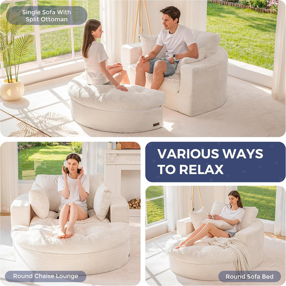 MAXYOYO Oversized Round Chaise Lounge Sofa, Boneless Chair with Ottoman