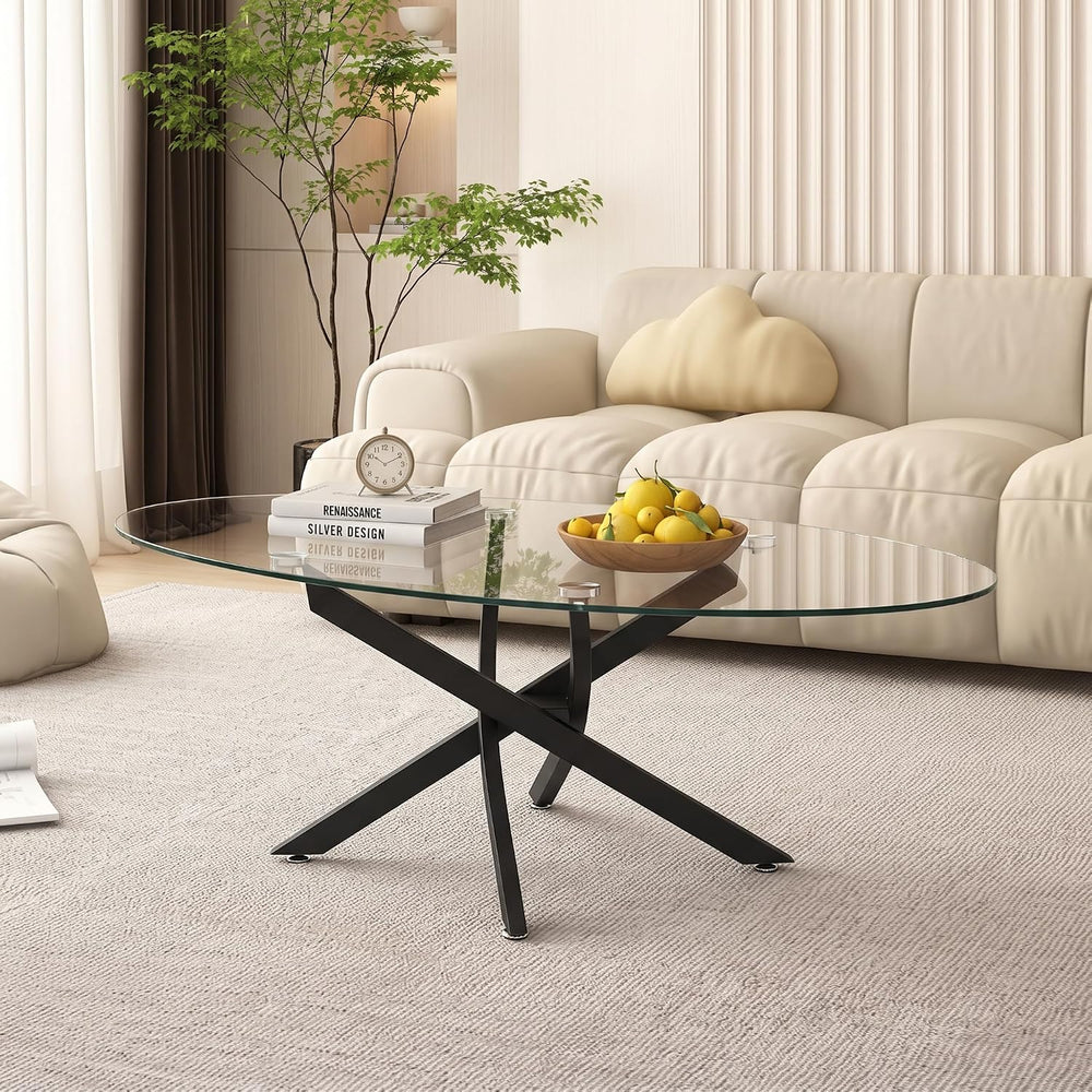 Henf Oval Glass Coffee Table, 39.4'' Transparent Top, Black Metal Legs
