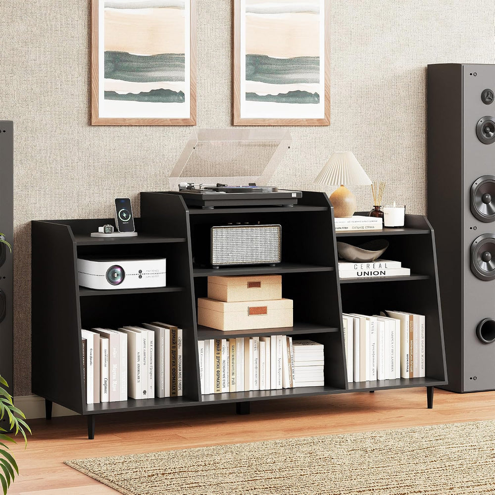 Rresyet 55" Record Player Stand with Charging Station, 4-Tier Vinyl Reco...