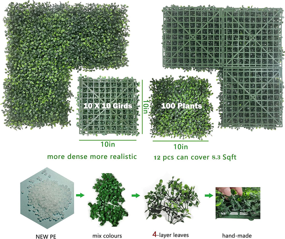 Bybeton Artificial Grass Wall Panels,10"x 10" (12pc) UV-Anti Boxwoo...