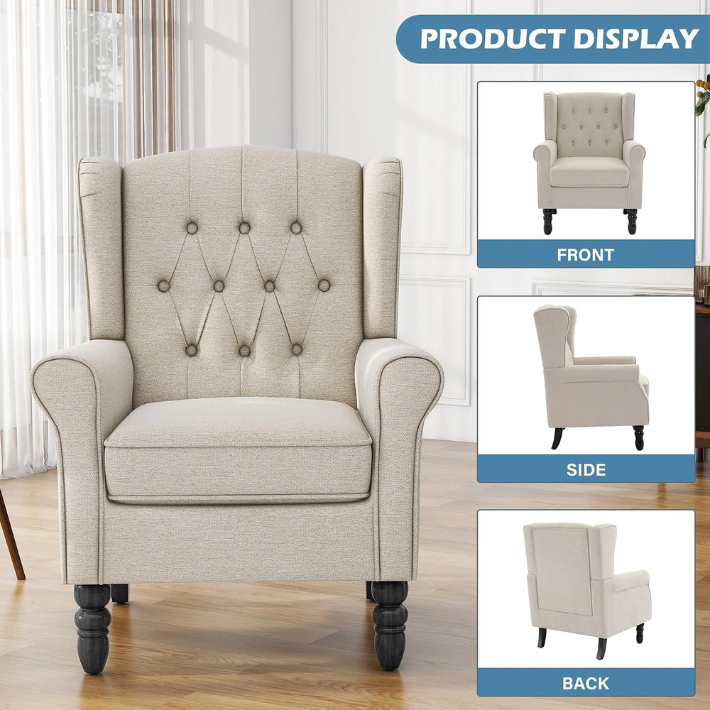 High Back Accent Chairs Set of 2, Wingback Armchair in Fabric, Beige