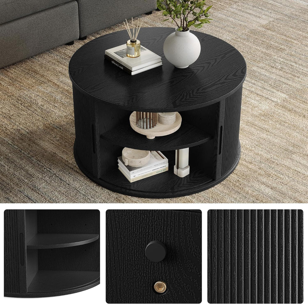 LINSY HOME Round Coffee Table, 31.5" Drum Coffee Table with Sliding Tamb...