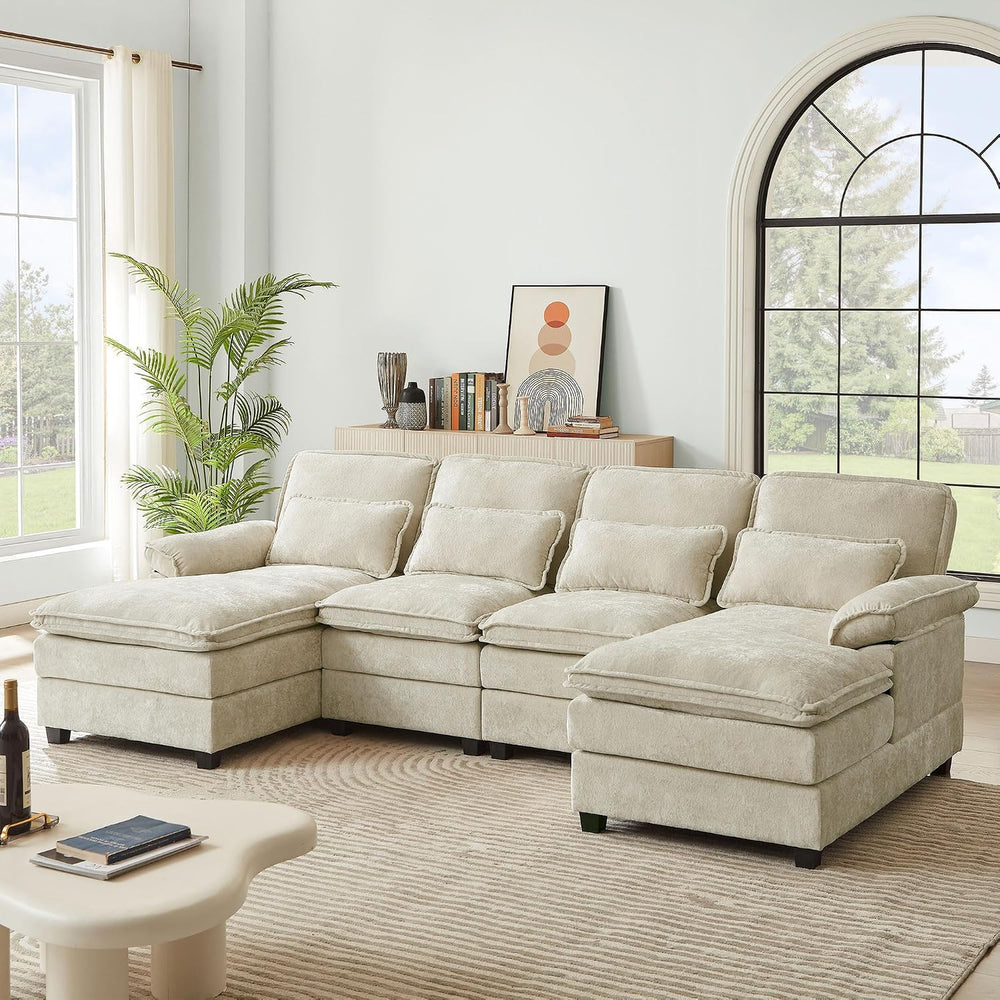 113" U Shaped Sectional Sofa, 4-Seater Cloud Couch, Chenille, Beige