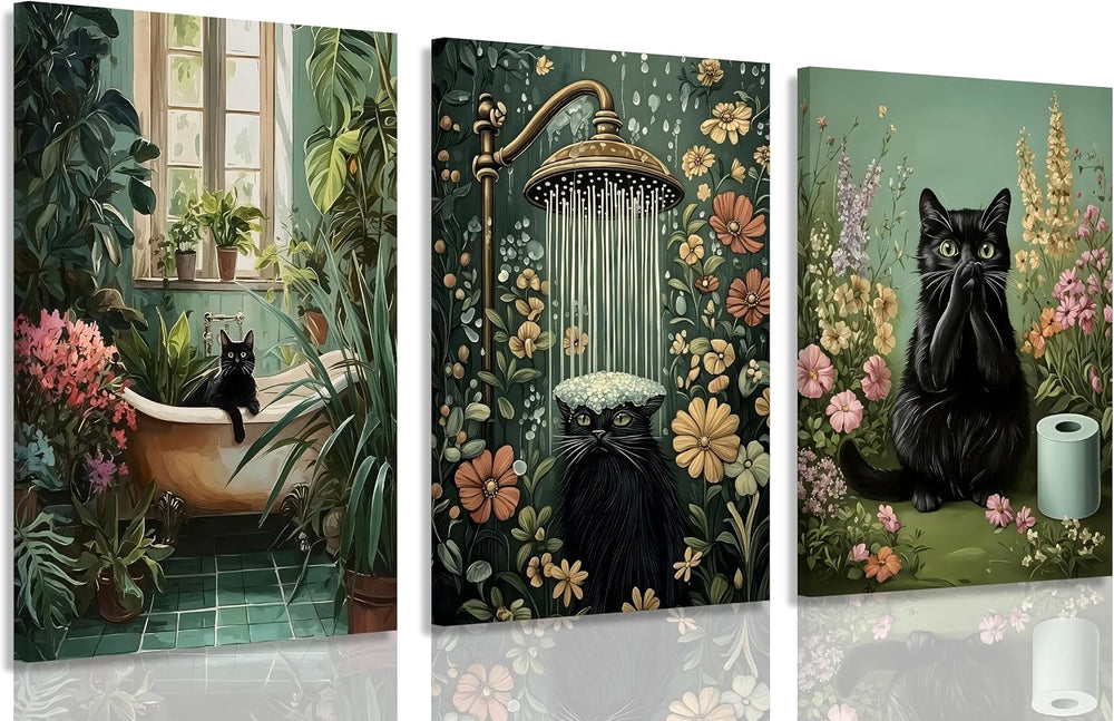 3pcs Framed Black Cat Bathroom Wall Art 12x16 inches Can Be Hung Directly