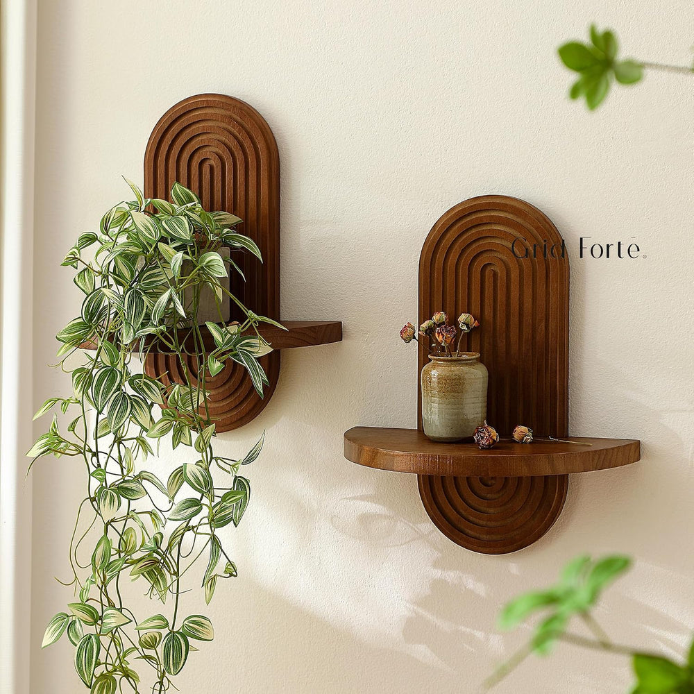 GRID FORTE 2 Pack Mid-Century Wall Shelves with Arched Wood Design