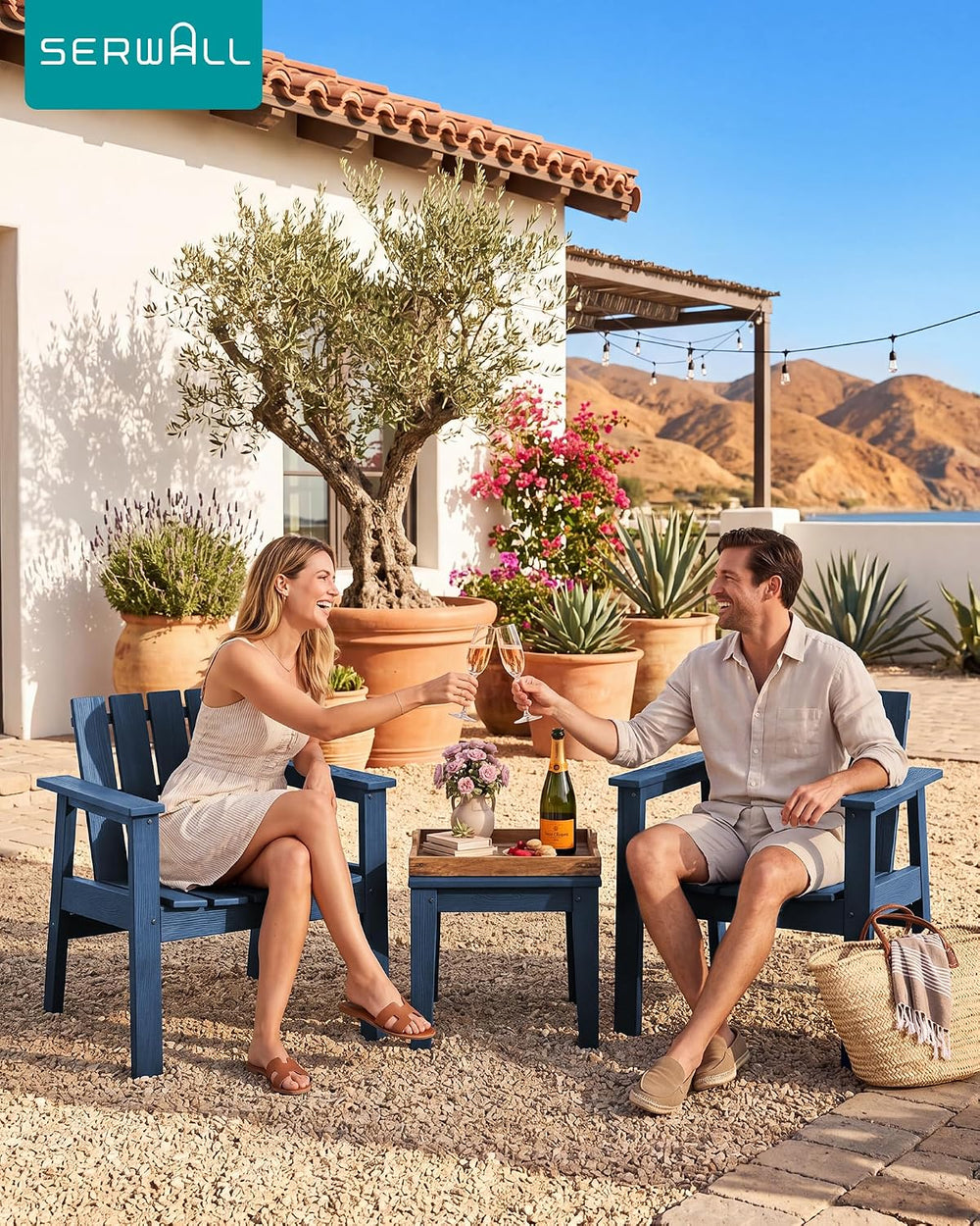 SERWALL Low Back Bistro Set-utdoor Adirondack Chairs and Side Table-Navy