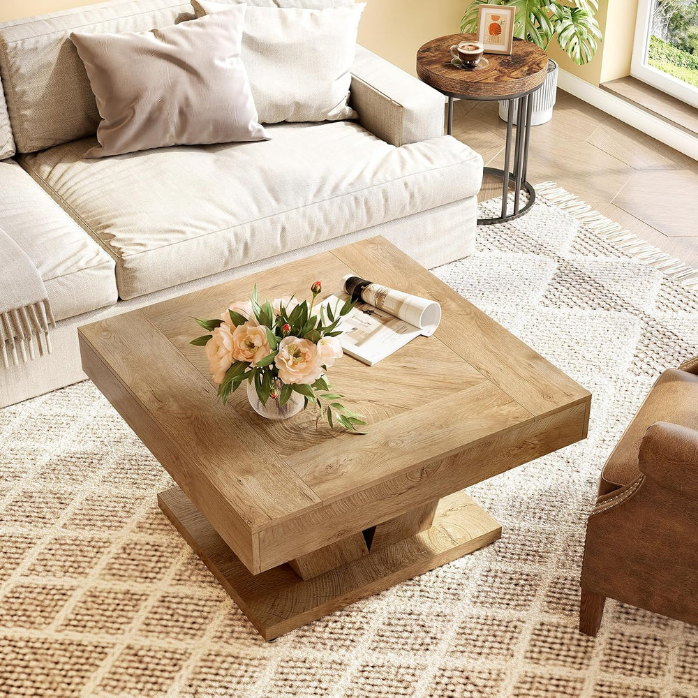 LITTLE TREE Square Coffee Table, Modern Rustic Coffee Table for Living Room, ...