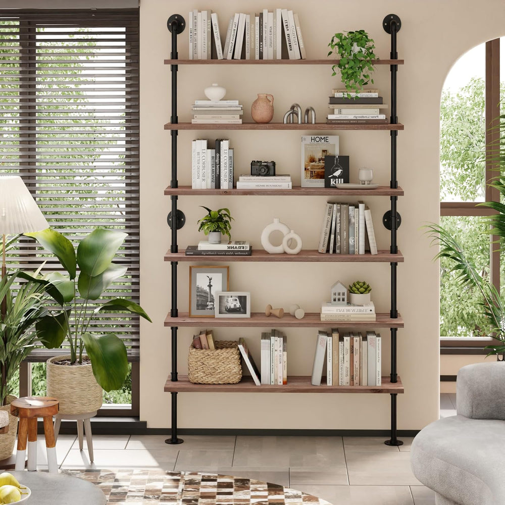 Industrial Pipe Bookshelf, Wall Mounted Shelf, 48 Inch, Weathered Brown