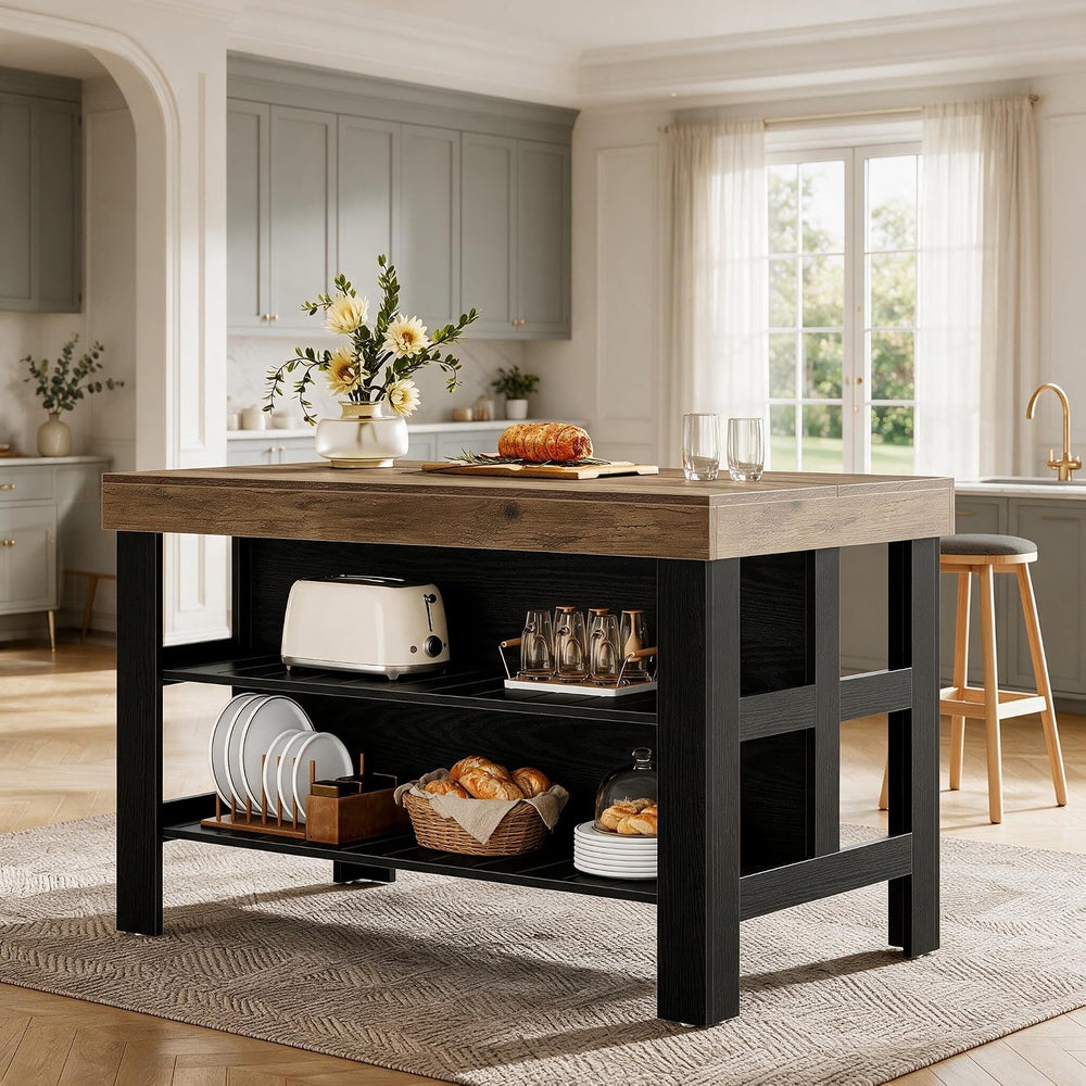 Tribesigns Kitchen Island with Storage Shelves (Brown and Black)
