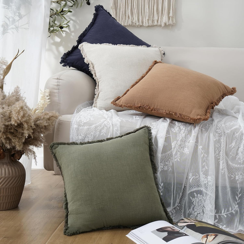 Foindtower Decorative Linen Fringe Throw Pillow Covers 24×24 Olive Green