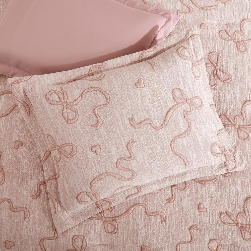 Queen Comforter Set - 7 Pieces Pink Bedding Set Bow Jacquard Bed in a Bag