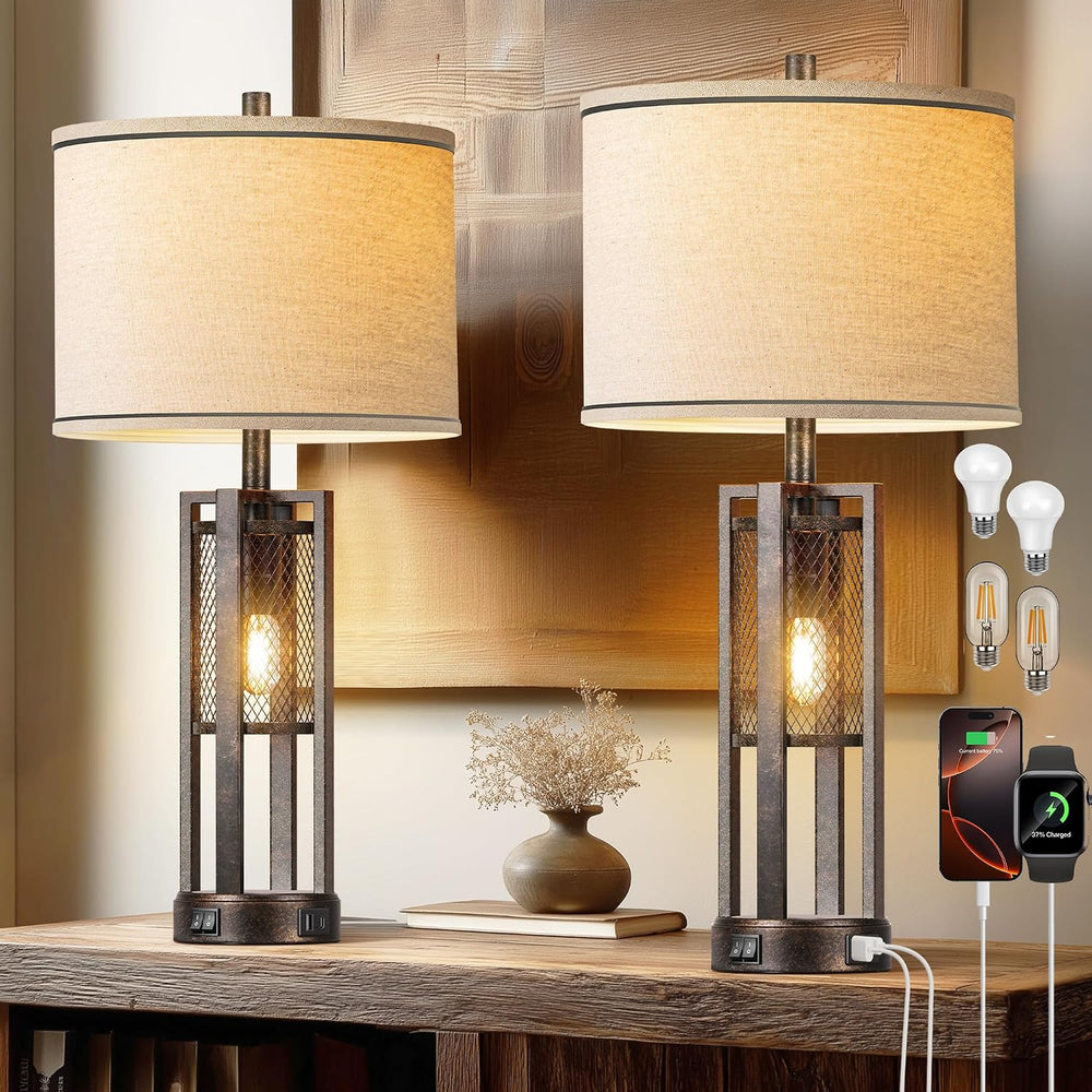 28'' Farmhouse Industrial Table Lamp Set of 2 - Rustic Bedside Nights...