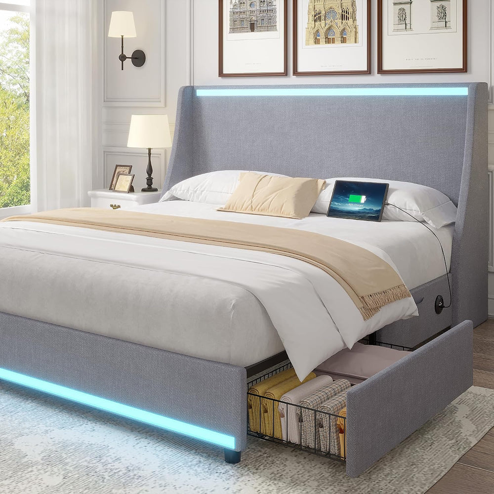 VECELO Full Size Bed Frame with Storage Drawers, Linen Grey