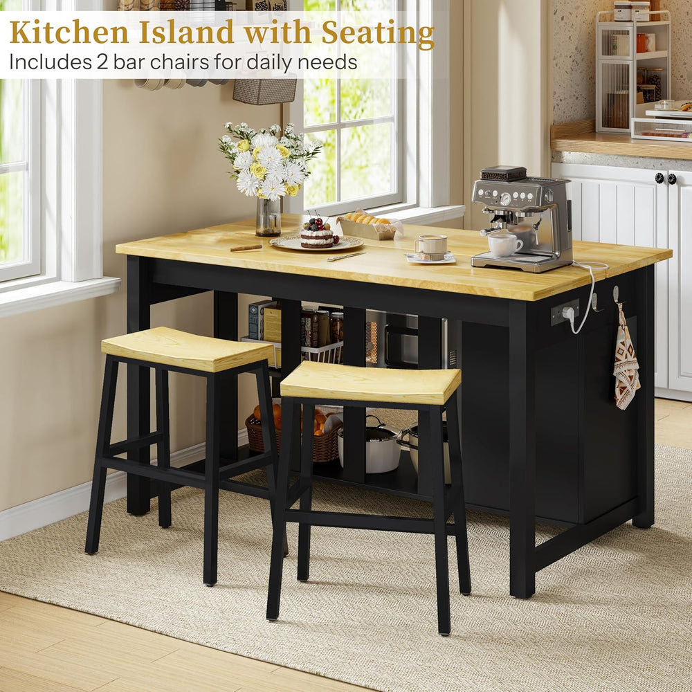 DynJest 47" Solid Rubberwood Top Kitchen Island with Storage, 2 Bar Stools