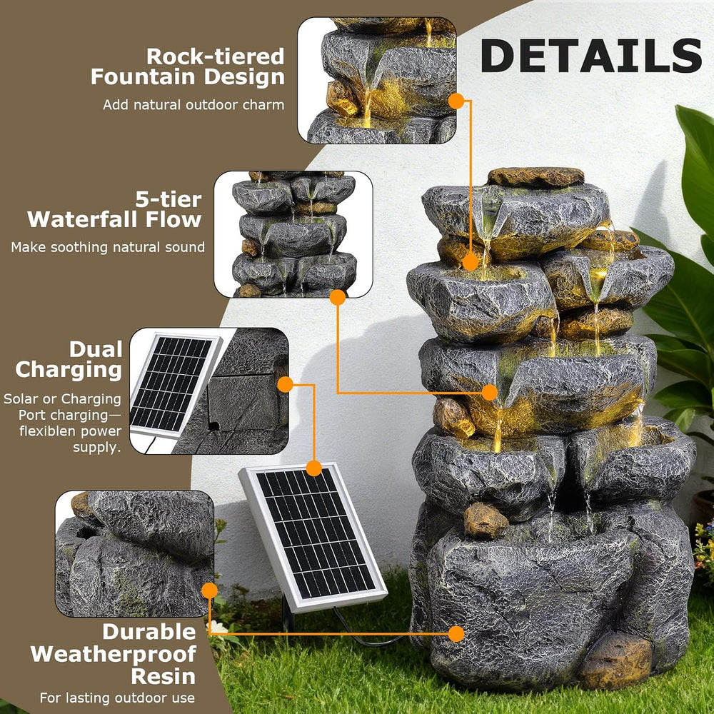 24" Tall Solar Powered Water Fountain Cascading Rock Waterfall