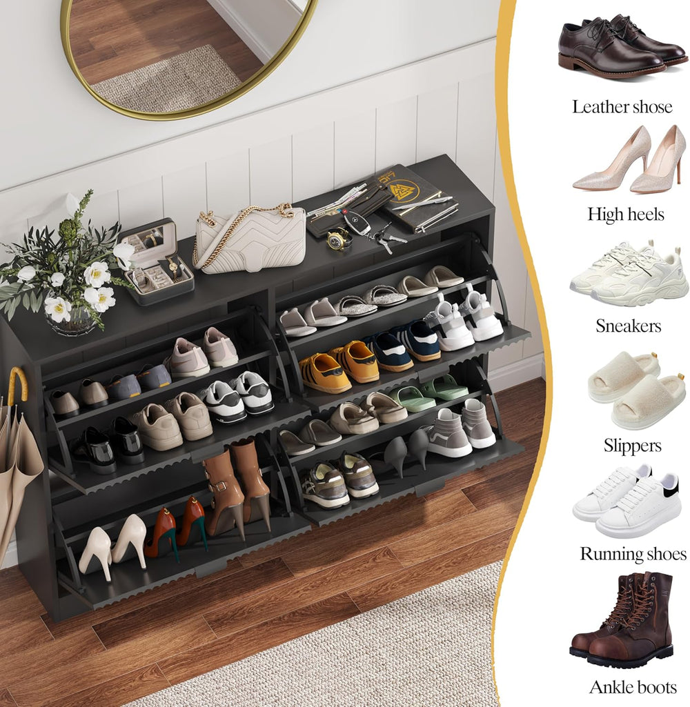 HUANLEGO Shoe Cabinet Storage for Entryway with 4 Flip Drawers, Black Fluted ...