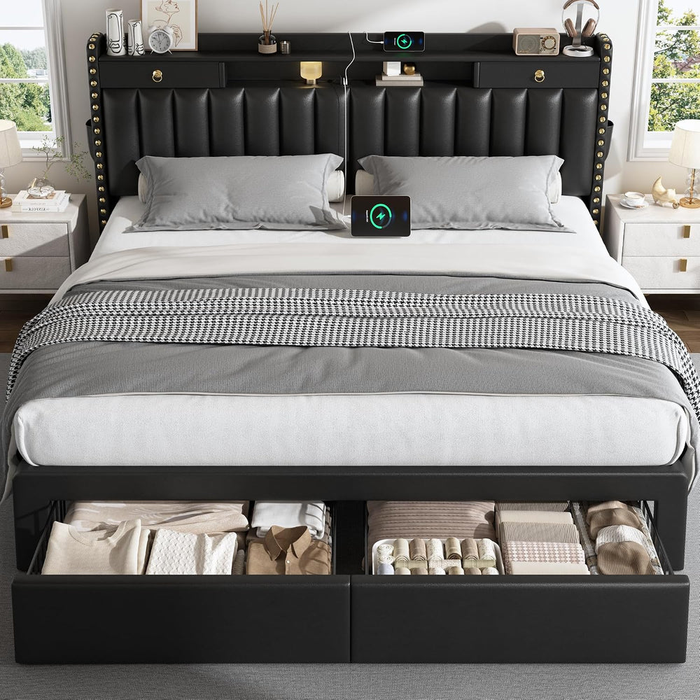 CypBed King Size Bed Frame with Headboard & 4-Storage Drawers, Upholstered