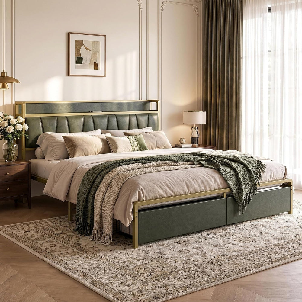 LIKIMIO King Size Bed Frame with 2 Drawers and Charging Station
