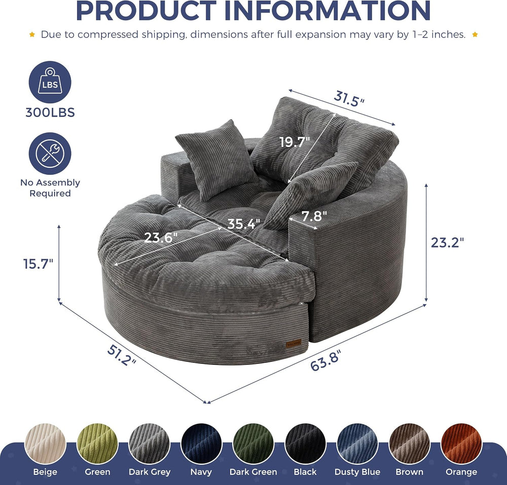 MAXYOYO Oversized Round Chaise Lounge Sofa, Boneless Chair with Ottoman