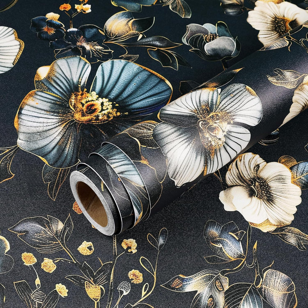 Livelynine 17.5x591 Navy Blue Flower Peel and Stick Wallpaper Vintage Dark Bl...