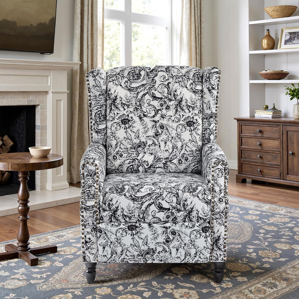Wingback Floral Pushback Recliner Chair, Rococo Black, Set of 2