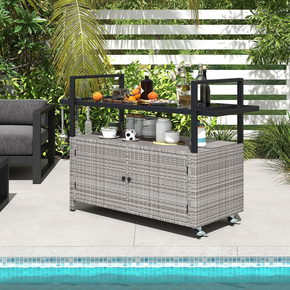 Tangkula Wicker Rolling Outdoor Bar Cart with Tempered Glass Table, Gray