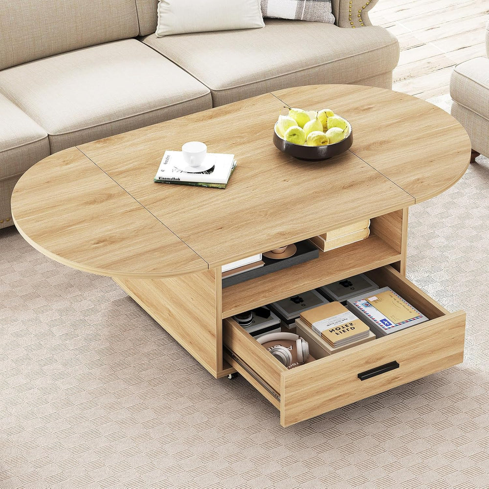 IBF 47" Foldable Coffee Table for Living Room with Wheels and Drawer, Oak