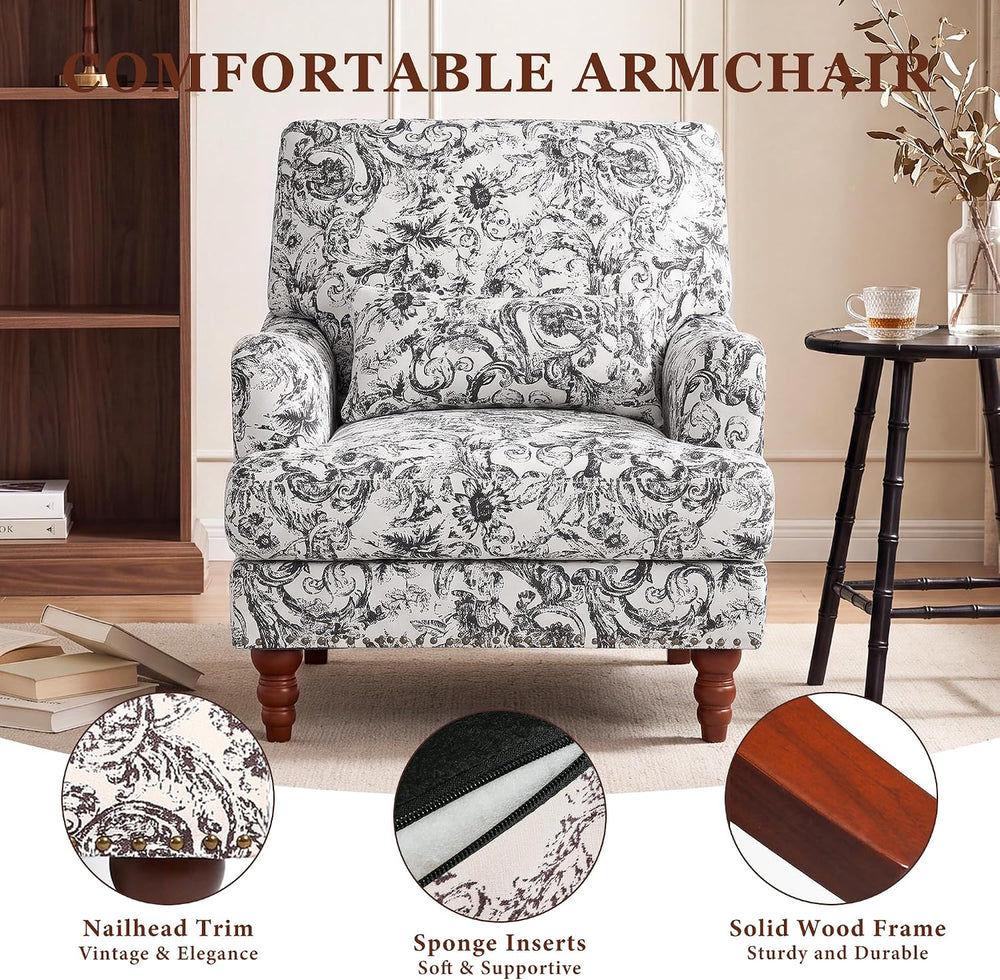 Floral Accent Chair, Chenille Upholstered Armchair, Rococo Black