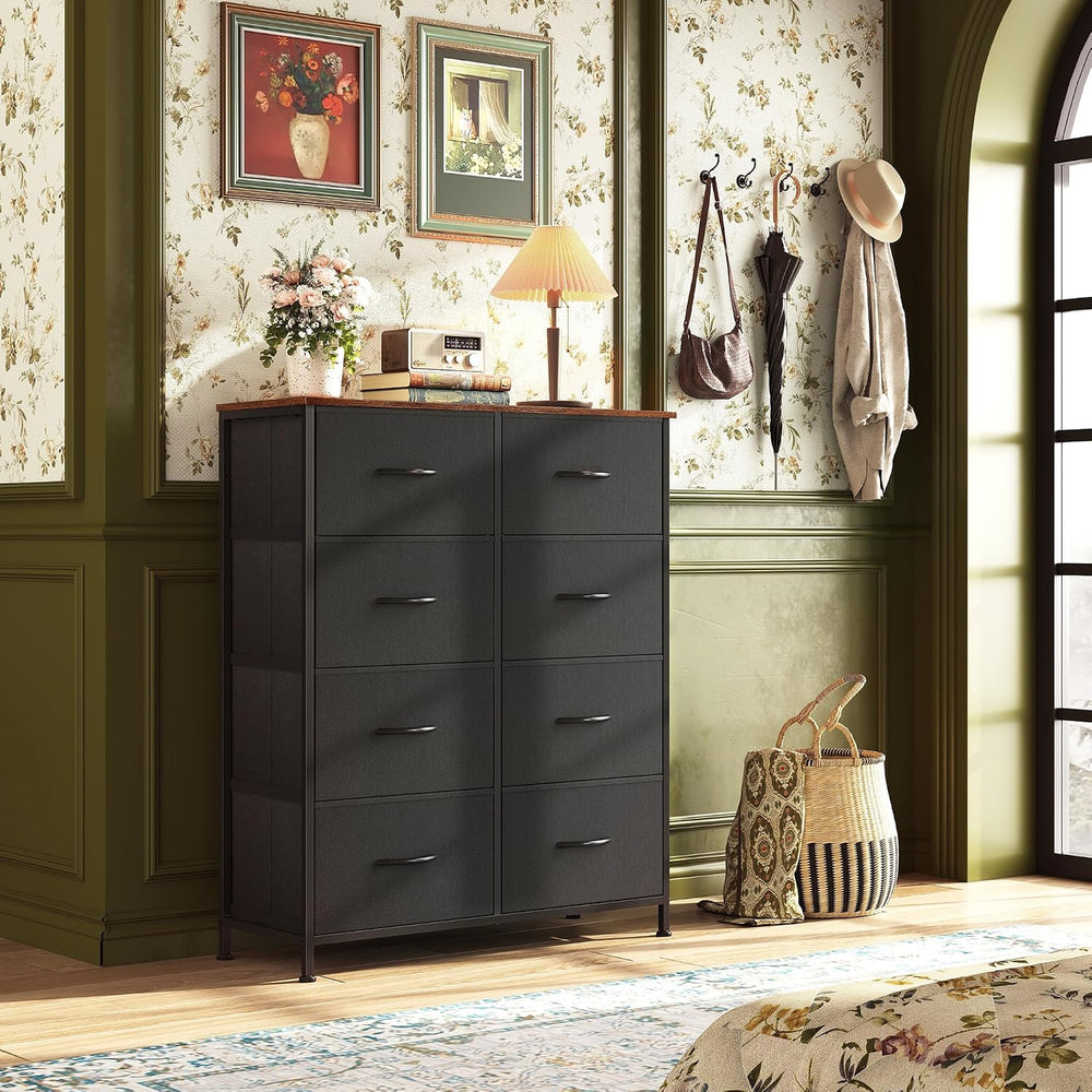 WLIVE 8 Drawer Fabric Dresser for Bedroom, Storage Tower, Black & Rustic