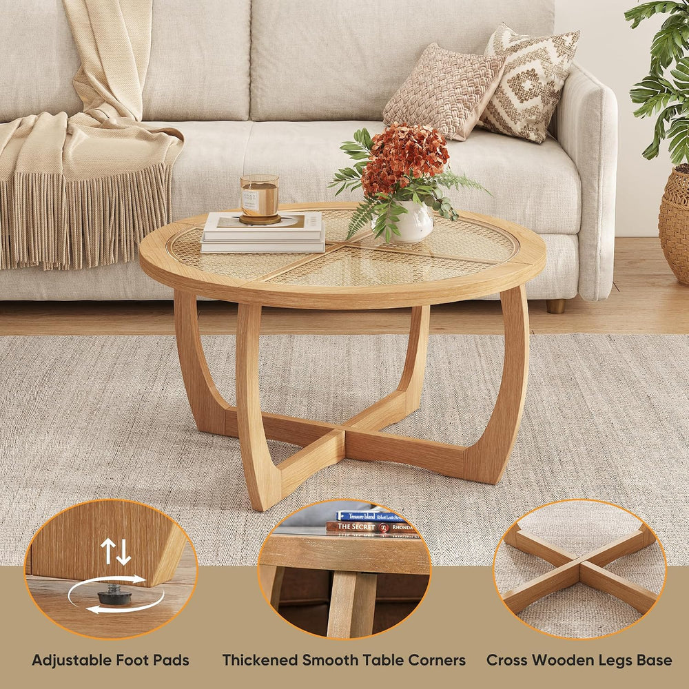 PADMA HOUSE Round Wood Coffee Table with Glass Rattan Top, 32.28" x 18.1...