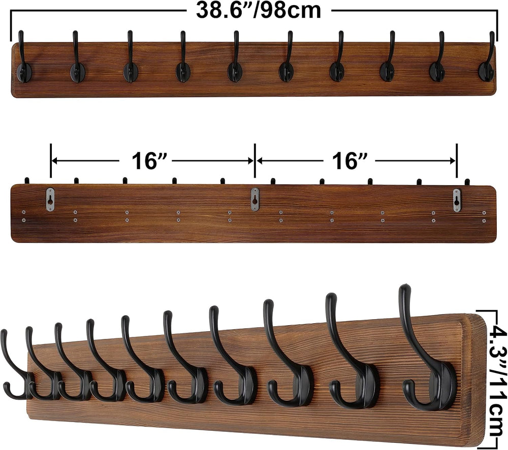 SKOLOO Rustic Wall Mounted Coat Rack, 10 Hooks, 38", Solid Wood, Brown