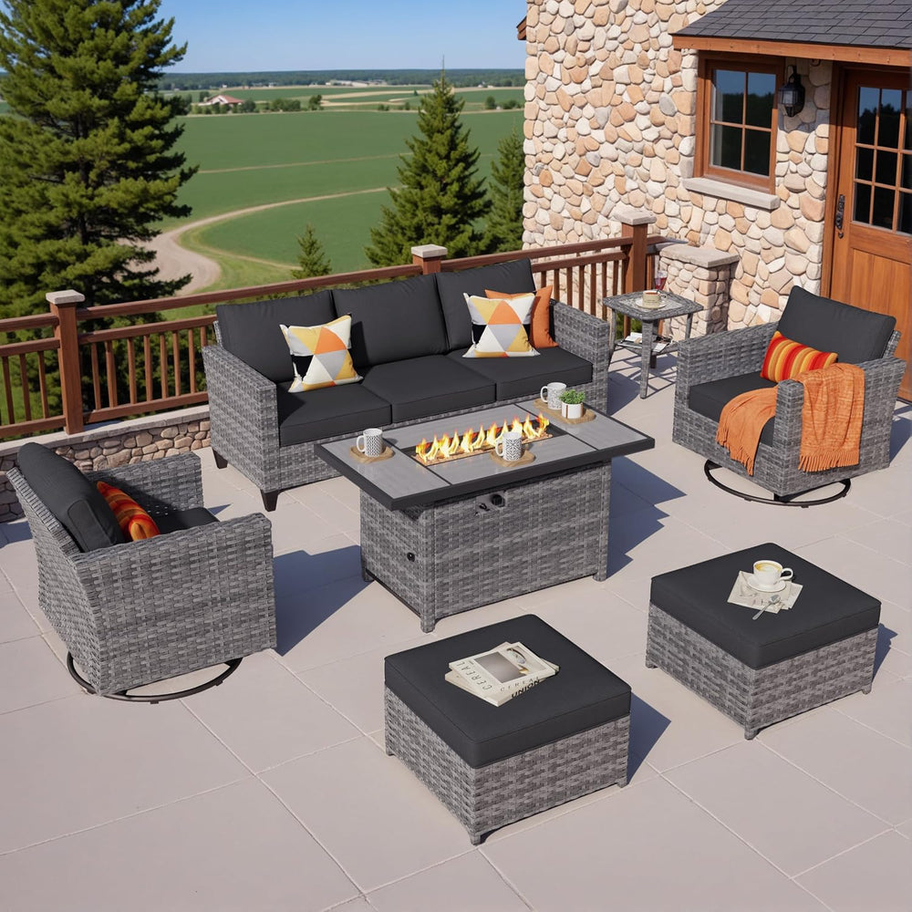 ovios 7 Pieces Patio Furniture Set with Rectangular Fire Pit Table, Swivel Ro...