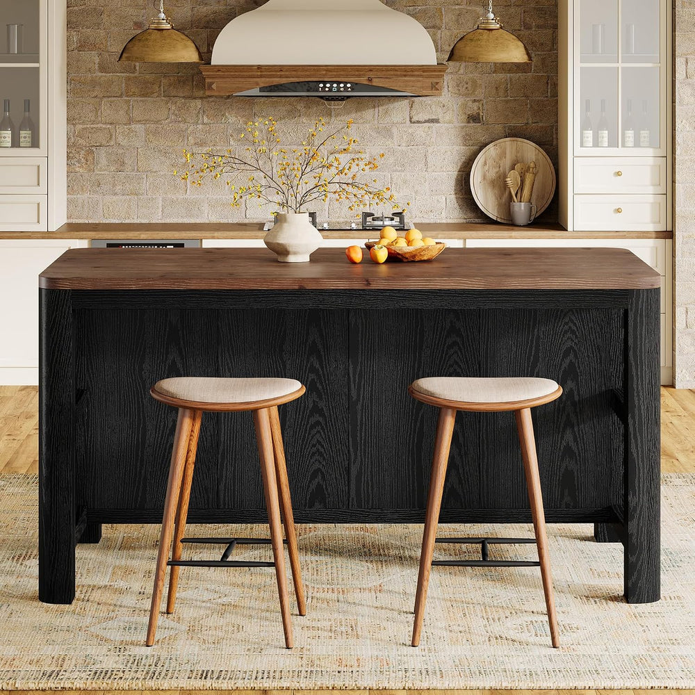 63" Solid Wood Kitchen Island with Storage Shelves, Black