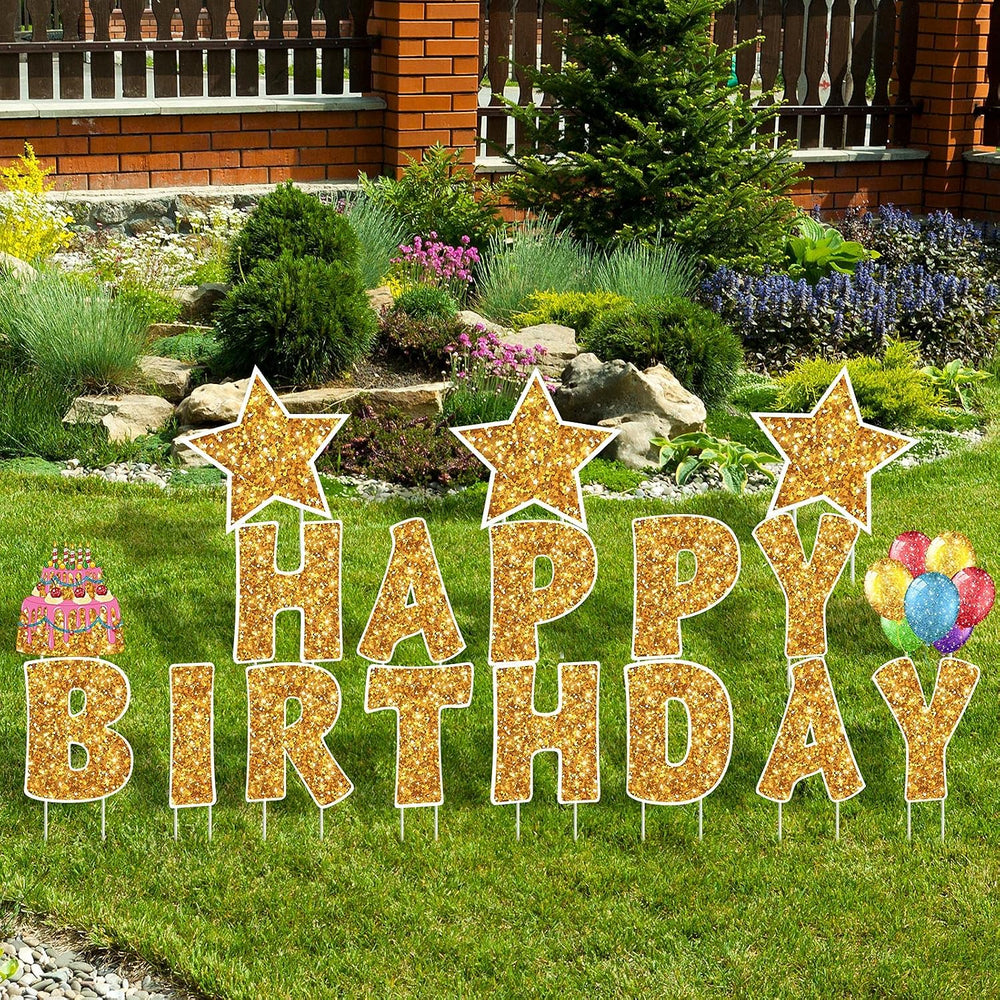 Jetec 18 Pcs Happy Birthday Yard Sign with Stakes and Light, Gold