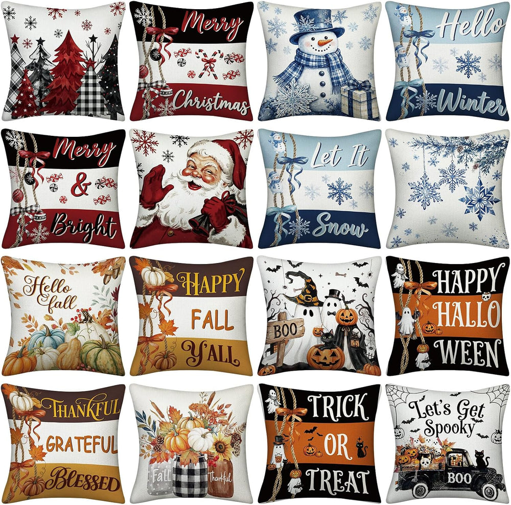 Peryiter 16 Pcs Seasonal Pillow Covers Holiday Pillow Covers 18 x 18 Inch for...