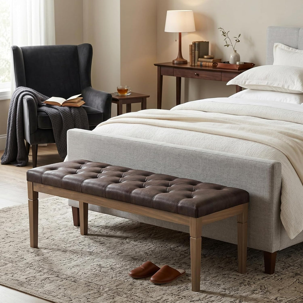 SIMPLIHOME Waverly 48" Wide Vegan Leather Rectangle Ottoman in Brown