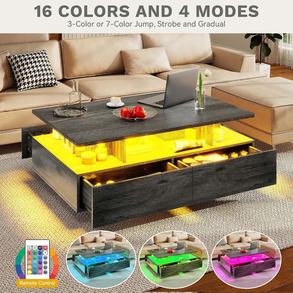 DWVO LED Coffee Table with 4 Drawers, High Glossy Center Table, Grey