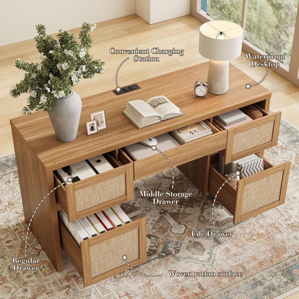 Yechen Executive Desk with 5 Drawers, 57" Modern Rattan Home Office Desk...