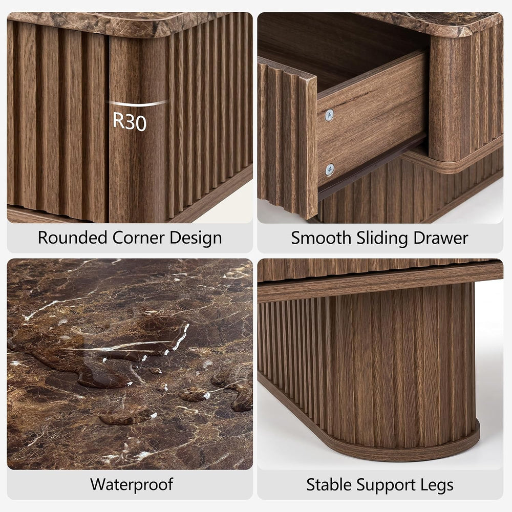 win2win Rectangle Coffee Table with Storage, Faux Marble Top, Walnut