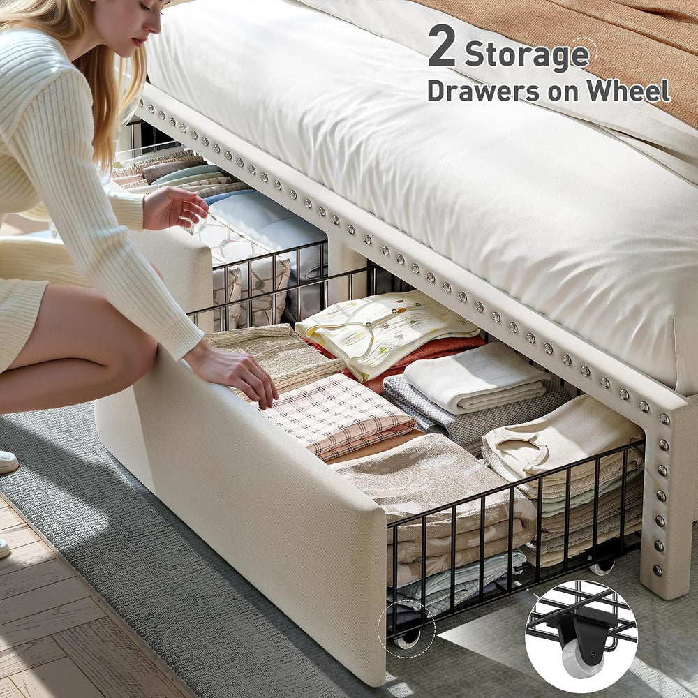 EnHomee Queen Size Bed Frame with 2 Drawers, LED & Charging Station, Beige