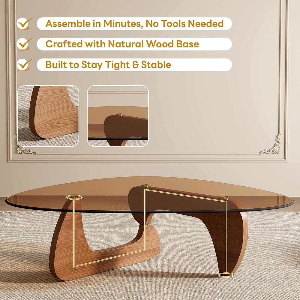 Mid Century Modern Triangle Coffee Table, Tempered Glass Top Solid Wood Base ...
