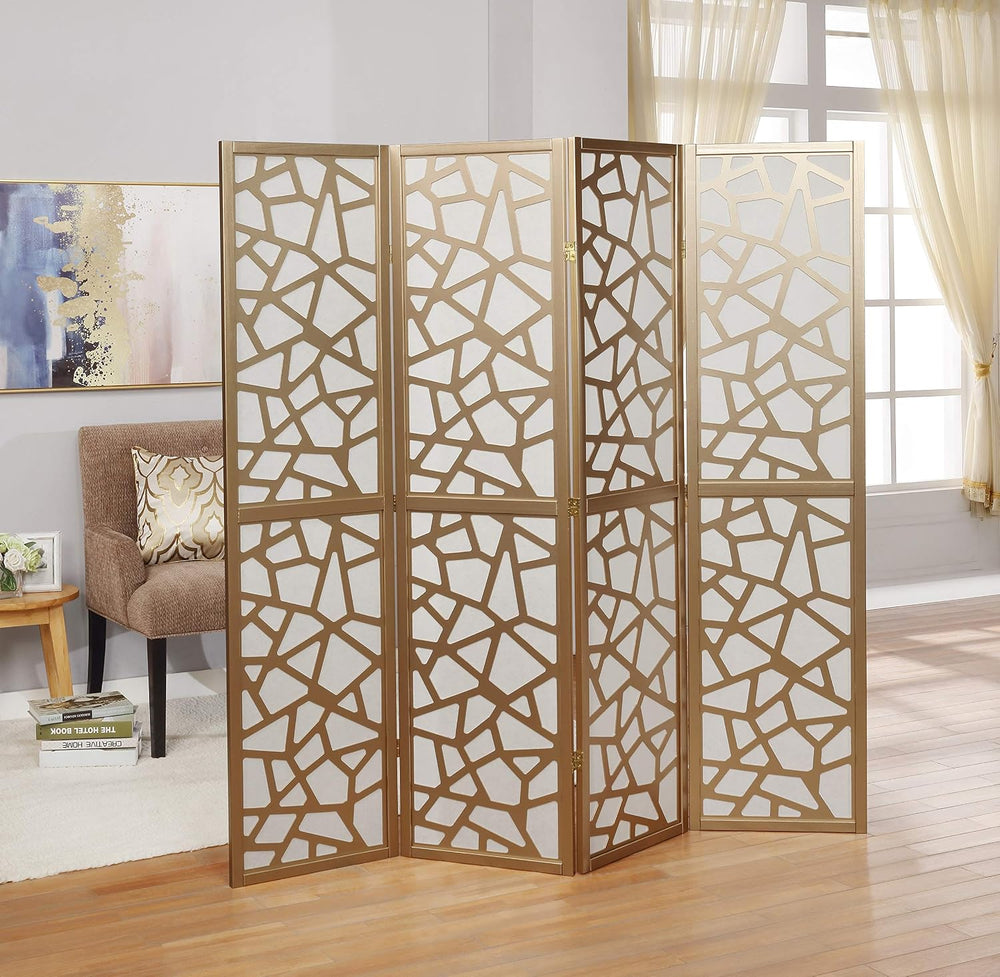 Roundhill Furniture Giyano 4 Panel Screen Room Divider, White Screen with Gol...