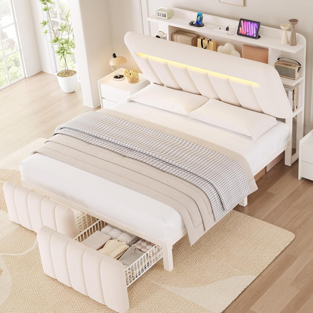 Jocoevol Full Size Bed Frame with Storage Headboard,Upholstered White Bed Fra...